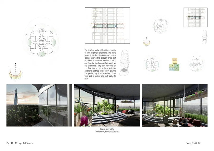 This lower section hosts residential apartments as well as private allotments. The basic layout of the floor is determined by the rotating intersecting…