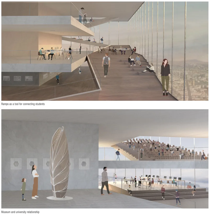The ramps allow for students from different floors and departments to come across each other and interact, but also to bring them into open study spaces where…
