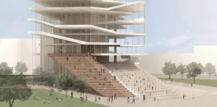 The elevated entrance with the seating area and auditorium space where various demographic could come and interact becomes a threshold between the city and a…