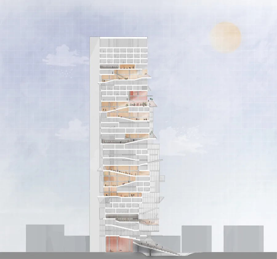 The ramps enable the public to have a visual connection to certain university spaces which then further leads into the physical connection at the lower floors…