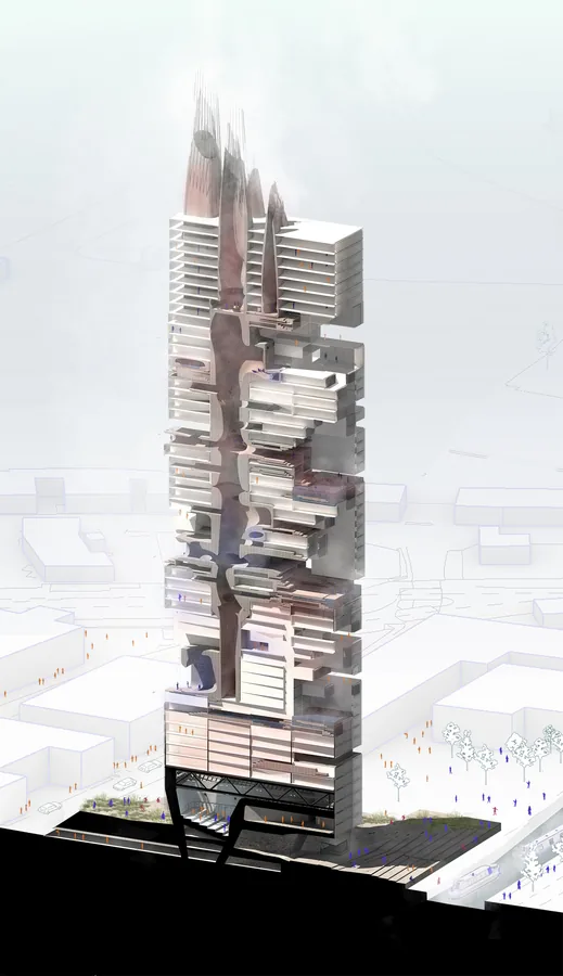 Bathing spaces become hotter and denser towards the top. Hot data blocks transition into colder data blocks and offices, thus creating the chimney effect in…