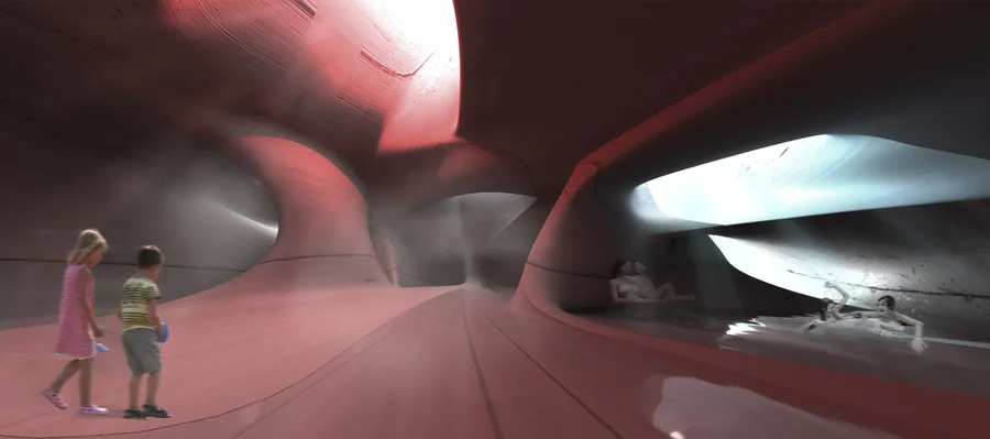 Splitting between the heat tube and the Tepidarium A hotter space that is part of the chimney effect transitions into a cold bathing programme that is…