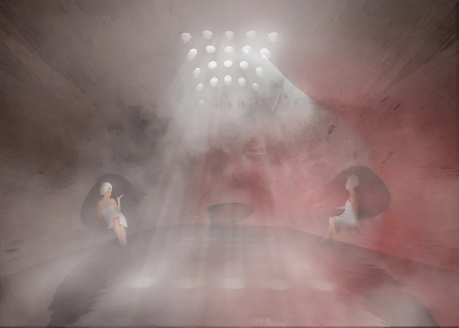 Hammam A dense, enclosed space at the top of the tower with the hottest temperature and a high percentage of humidity.