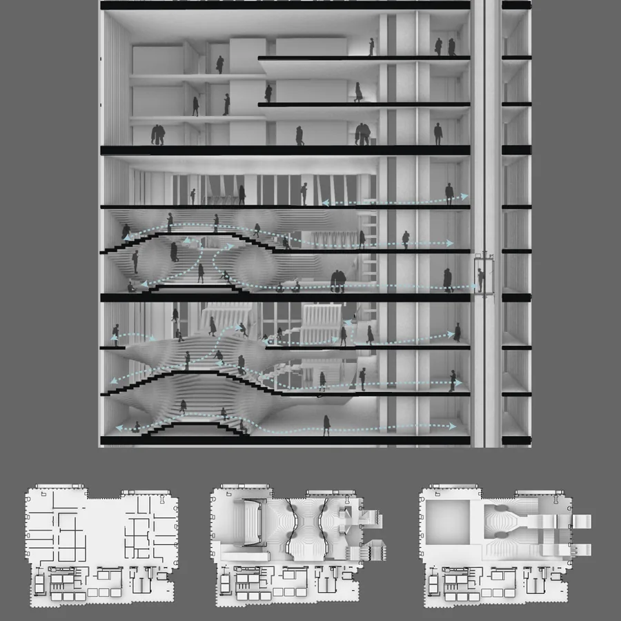 essentially when travelling from the elevator into the main space, the user will be given a choice of a path taking them into what kind of metaphorical…