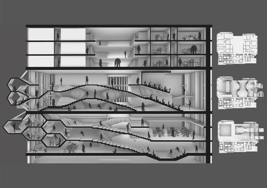 n this section I tried to show the existing typical office cluster in heron tower, comparing it to hybrid of an office space and my structure, where the…