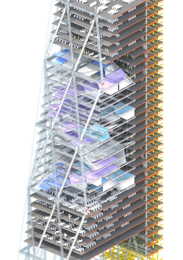 Alternative circulation systems and manipulated space inside the existing tower
