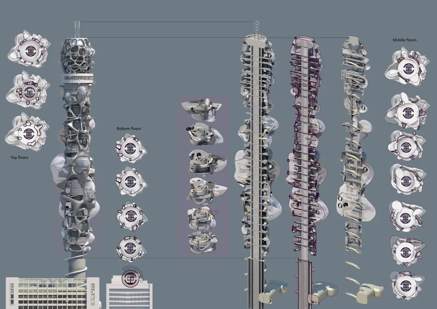After the Lichens exploration, I applied all of the symbiotic onditions onto BT tower to form an organism of alive pocket spaces so to improve the inneficient…