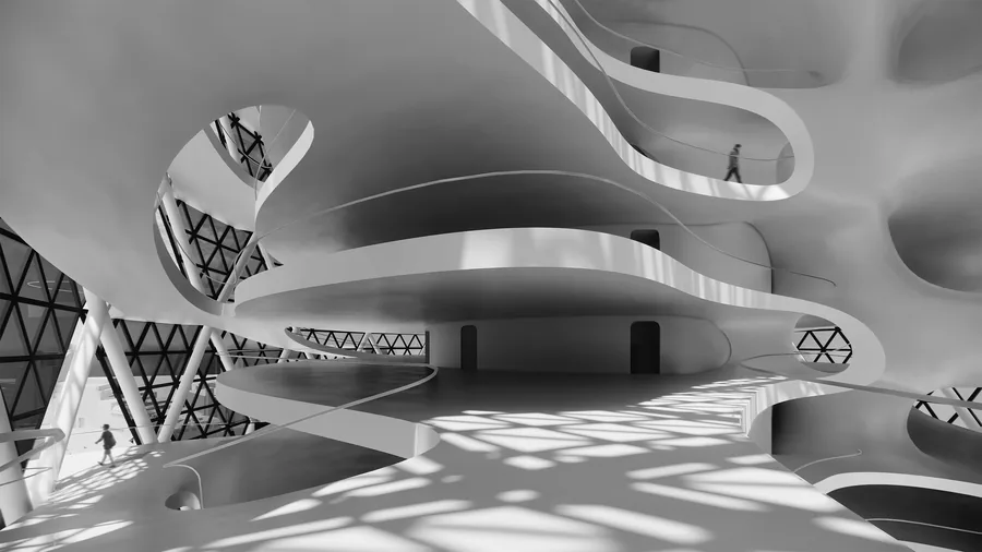 Flexible working space with vertical connection, fluid circulation and outdoor spaces.
