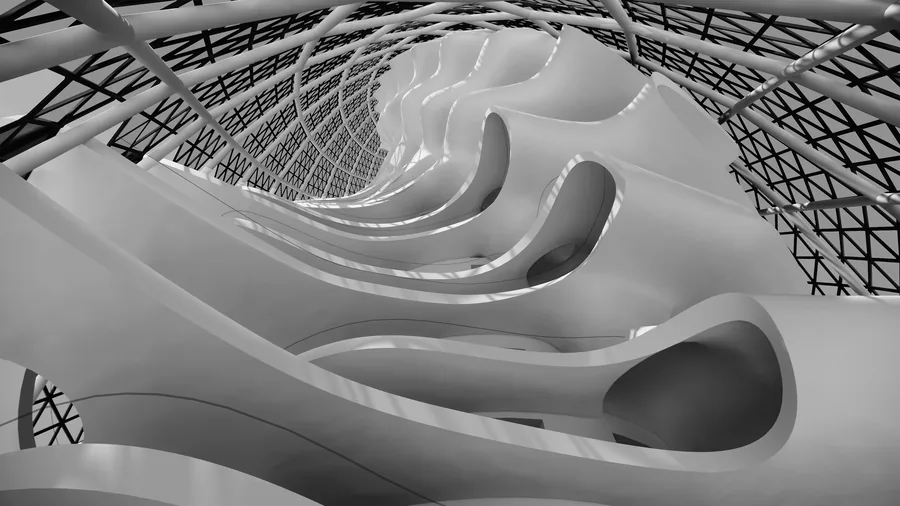Spiralling atrium allowing natural ventilation and intervisibility.