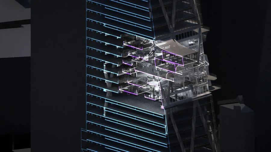 Section drawing of intervention. The interdependent tensegrity holds spaces within the building, and outside the building