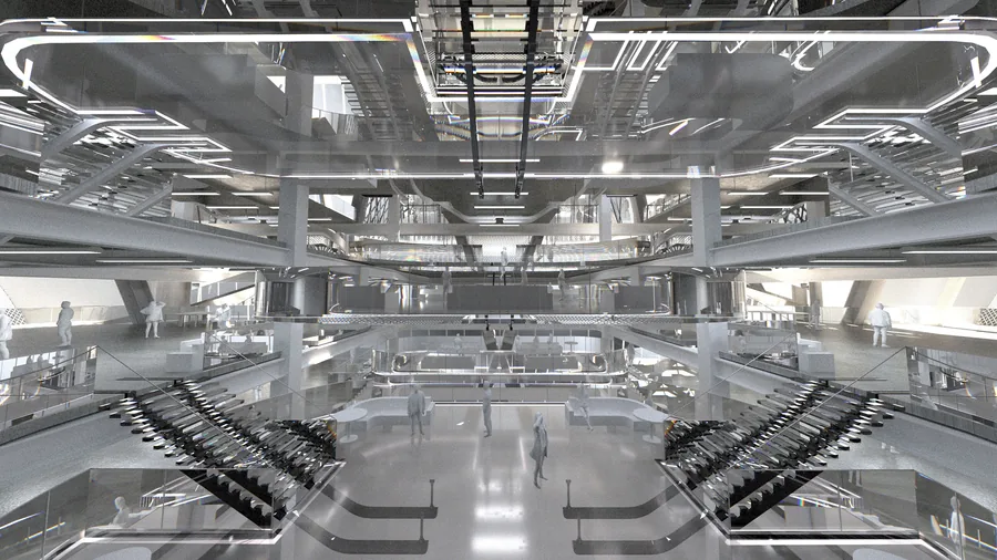 Interior render of formal atrium occupied with the island-like informal spaces.