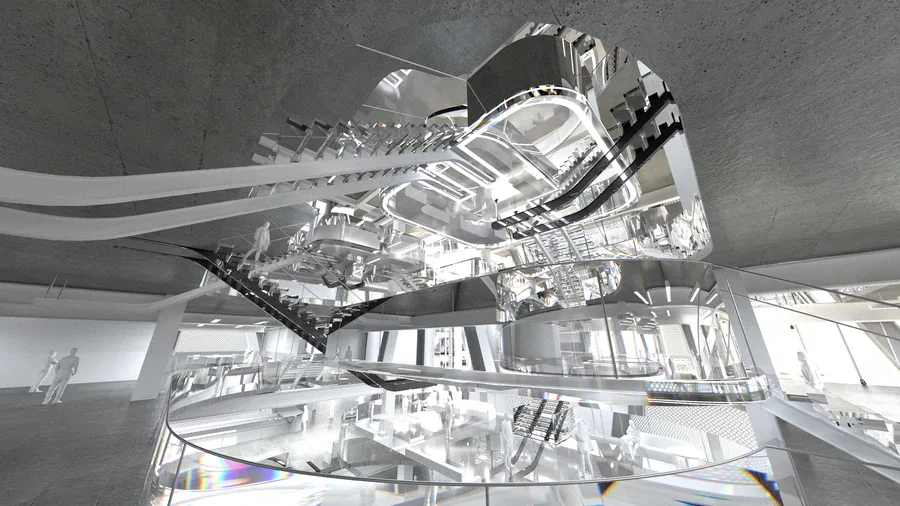 Interior render of small atrium. Particularly, white stairs are the starting fixed point of tensegrity system, the black stairs are the ending of system…