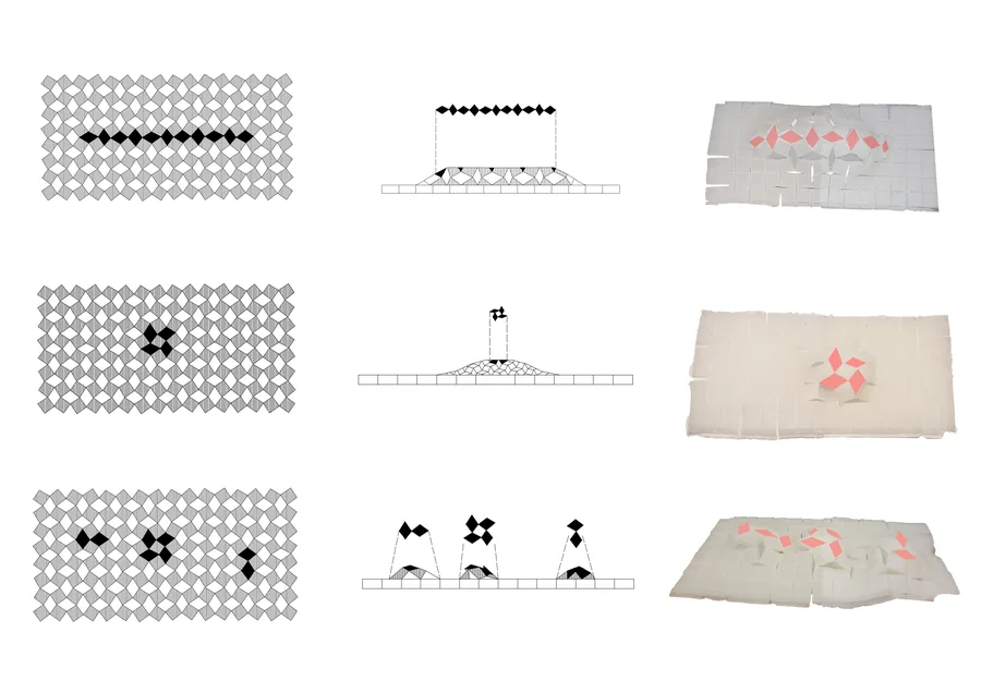 To make the auxetic surface three dimentional, a positive rigid cell was added. The compressed surface made the pattern pop out in a variety of ways.