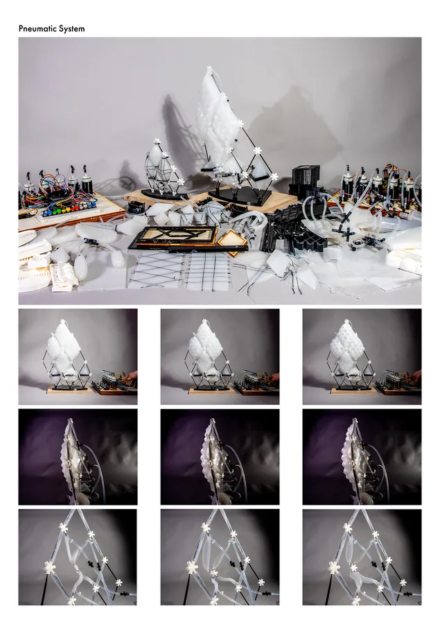 The model is an experiment to intergrate pneumatic typologies such as air hall, air columns and aire cells into the existing structure of 30 St Mary Axe