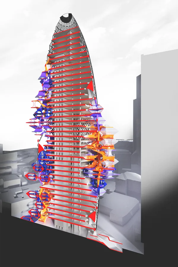 The section shows the three major clusters of cells in the tower, breaking down the stack typical plan condition , creating a working environment for different…