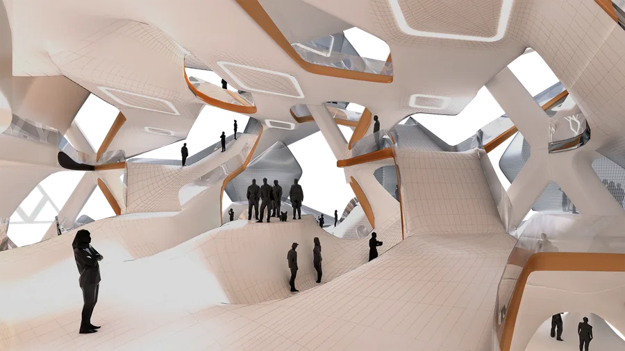 Conversation Space, the merged floor changes in level to provide a open space with different publicness