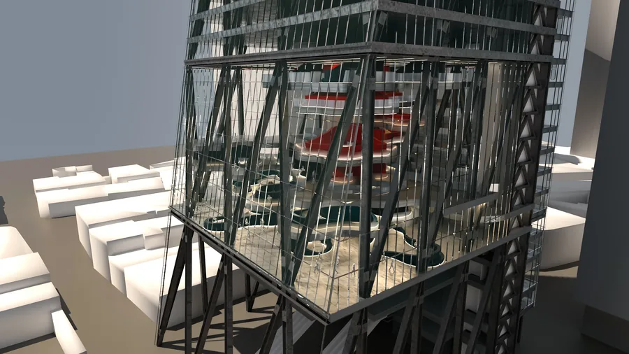 Exterior view of hybrid system intervening inside the lower section of the Leadenhall Building. Where different depths and locations of the floor plates create…