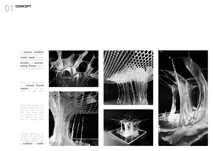 A viscous medium is made to interact with metal mesh, in order to explore the concepts of tension and counteracting forces, and to create a new, hybrid system.…