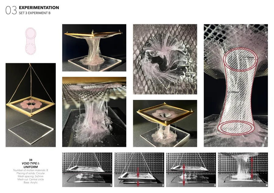 A void was cut within the densest mesh to form a large void. This is the most uniform form of the void. It was envisioned as forming a hollow space.