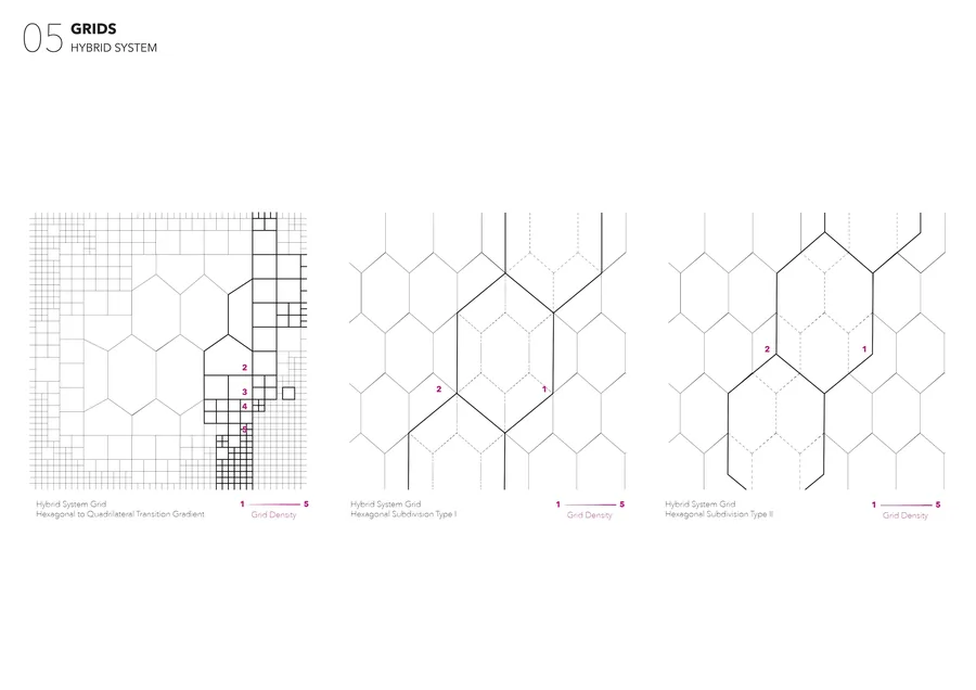 The hybrid system was used to create various spaces within the proposal. The gradient transition between densities and geometries can be seen.