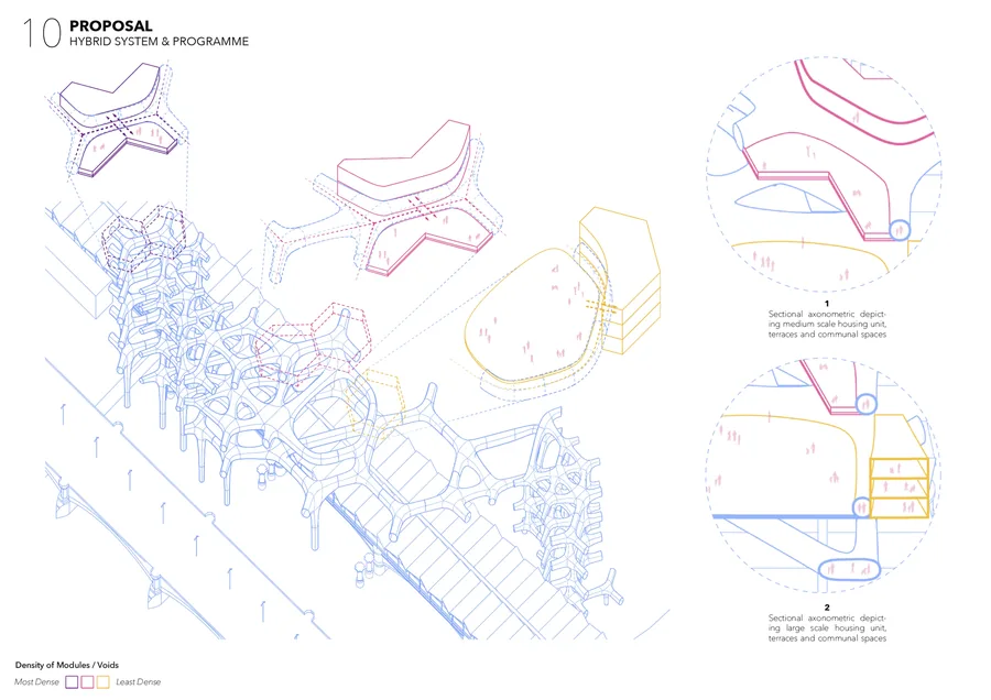 An initial iteration showcases how the network would be situated on the site with the denser and smaller spaces located higher up. The spaces closer to the…