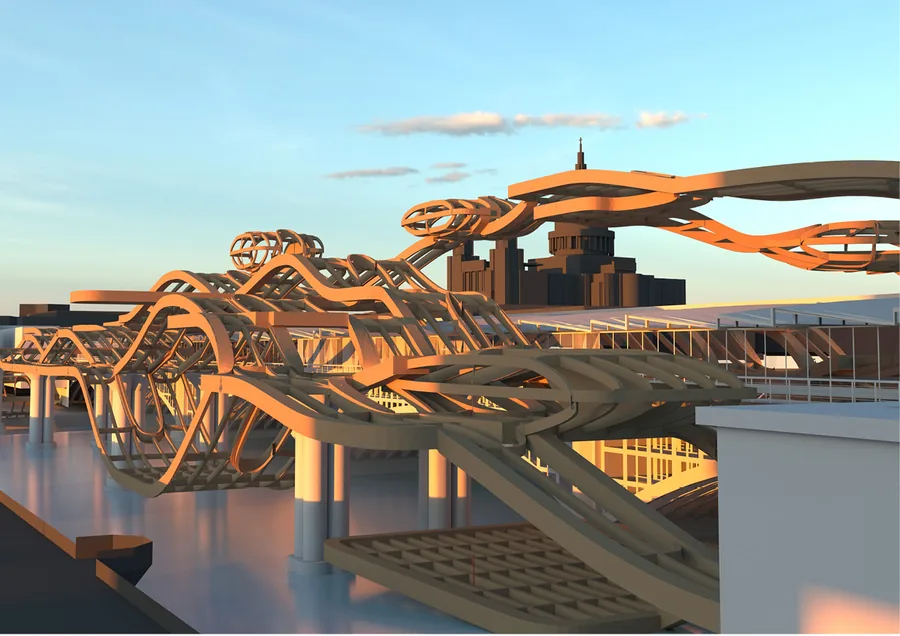 Design intervention focused on top of the adjacent piers but slowly makes it way on top of the bridge.