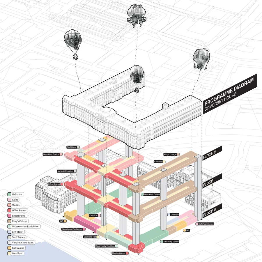 1: Programme Diagram of the Somerset House - Private Upper Storeys and Segregated Gallery Spaces on the Ground Floor
