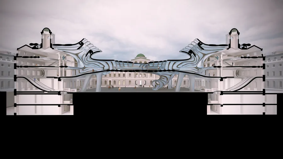 13: Sectional Perspective - Illustrating the Inflatable Immersive Exhibition Extension Connecting the Two Wings