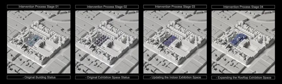 This image shows the general process of the design proposal.The intervention of the Hybrid system will update and expand the original exhibition space.