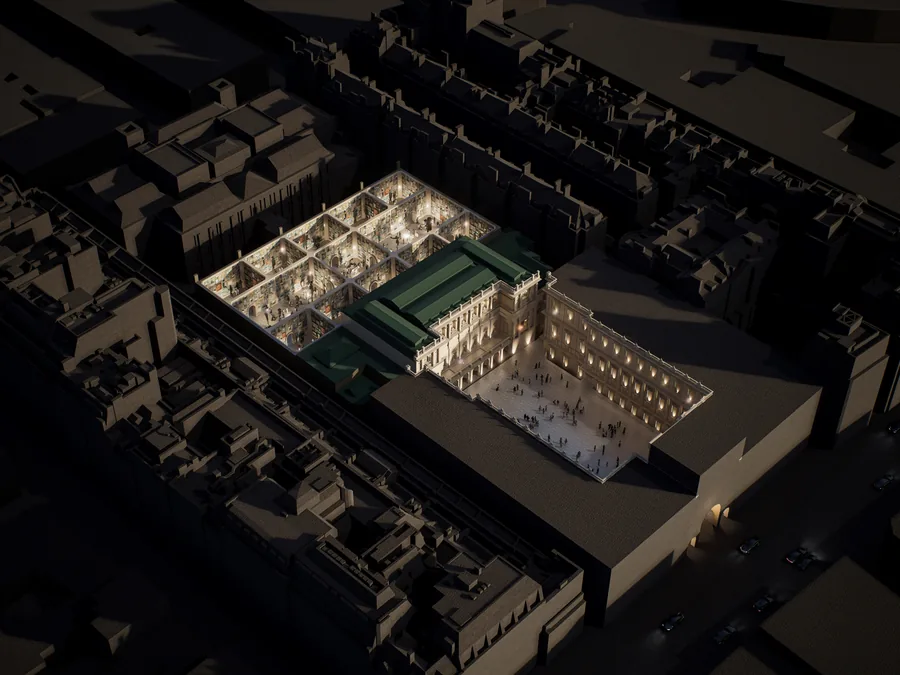 This bird's eye view shows the state of the original indoor exhibition space during the summer exhibition. The indoor part of the summer exhibition occupies…