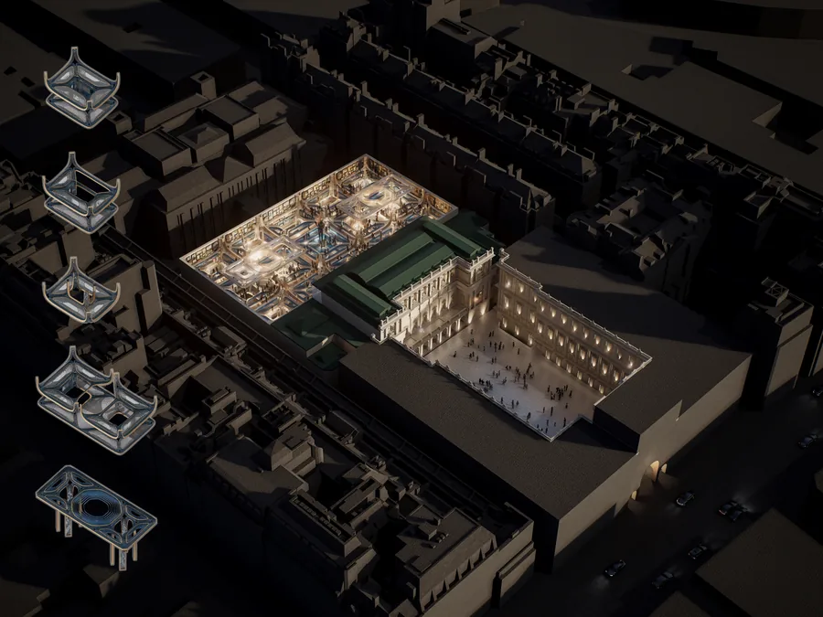 This bird's eye view shows the updating of the original indoor exhibition space through Prototypes created by the Hybrid System. The new mezzanine level not…