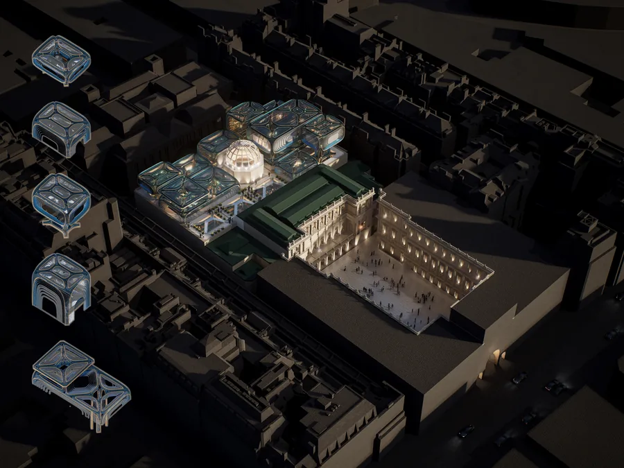 This bird's eye view shows the expansion of the exhibition space above the roof by Prototypes created through the Hybrid System. The new exhibition space…