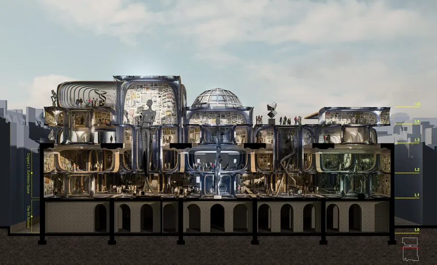 This perspective section shows the new state of the RA building after the intervention. The intervention of the Hybrid System will enrich the entire space; the…