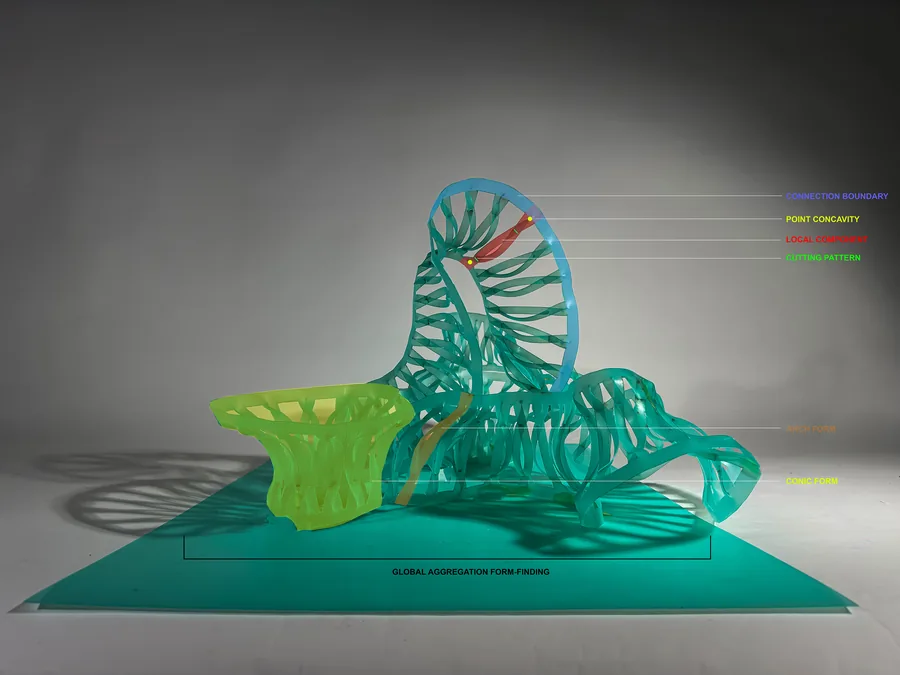 HYBRID SYSTEMS: The material system uses sheet material polypropylene as a form-finding process. Controlling the cutting pattern, point concavity, and…