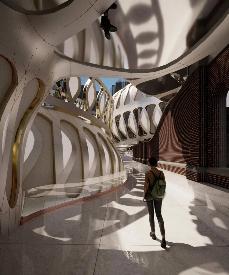 GROUND LEVEL SCENARIO: The interaction between the old and the new is evident. The space is shaped by the integration of my system with existing architectural…