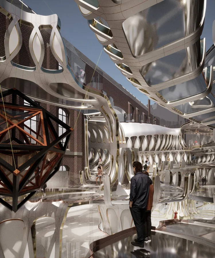 IN-BETWEEN LEVEL SCENARIO: Visitors can experience a combination of ramps and informal exhibition spaces.