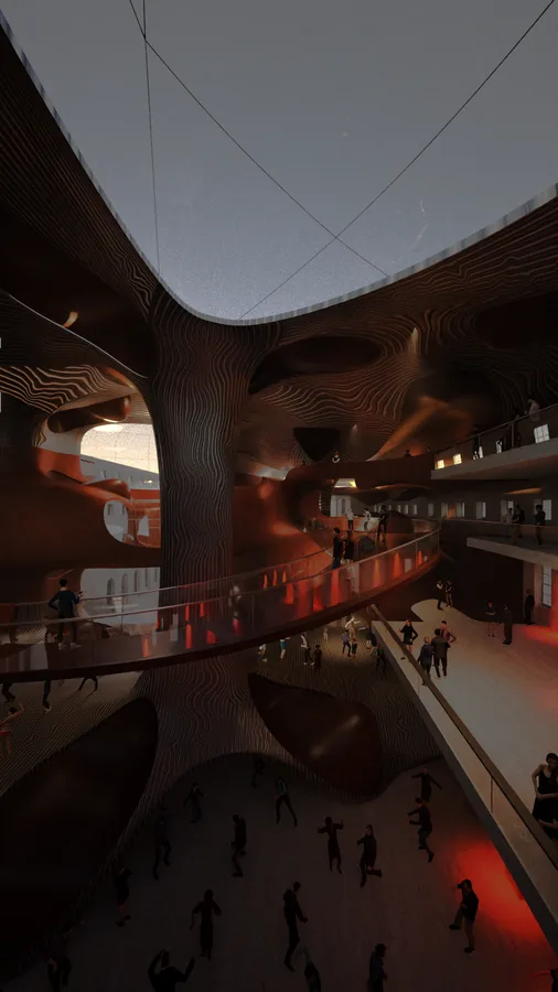 Psychedlic projections appear distorted throughout the hallucinogenic room when viewed from the observation deck on the third floor of the old west-wing.