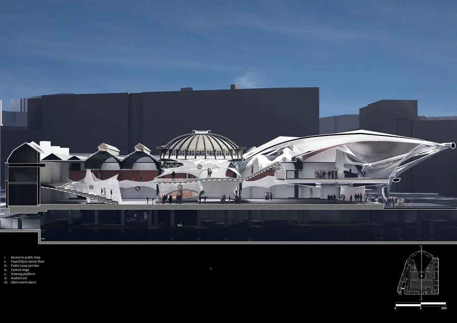 Day time scenario: auditorium is innactive and reverts to a transitory space. North side of building is completly open to ensure building permeability and a…