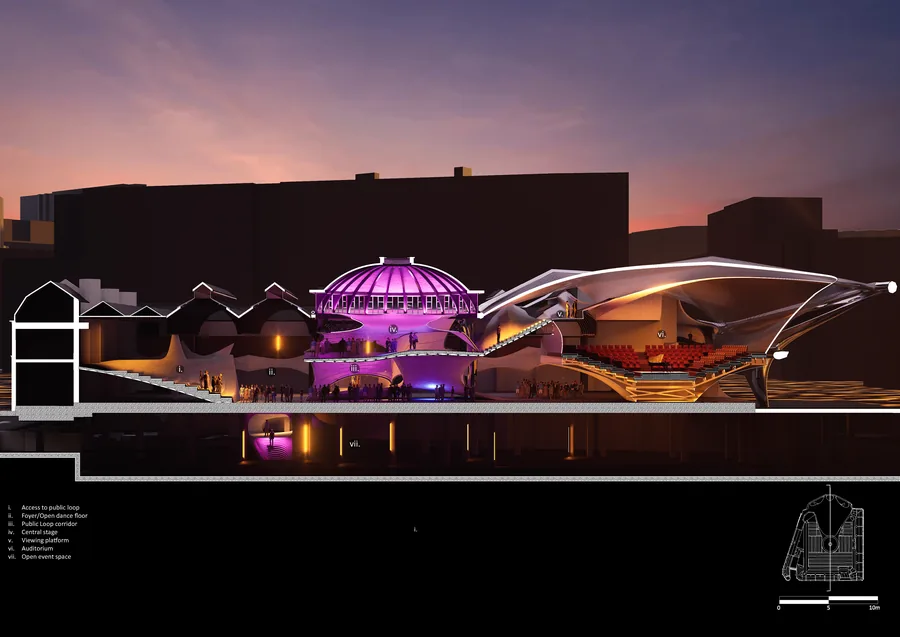 Night time scenario: When a performance is happening, the auditorium becomes active and the floor goes down to provide seatings and a stage.