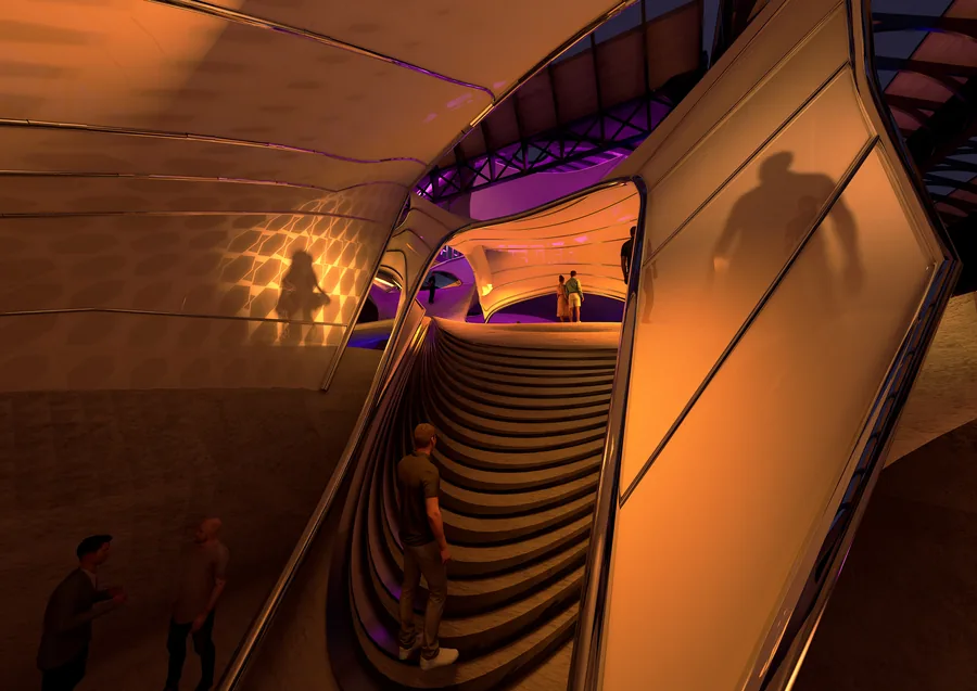 Transitory corridors that provide a correographed circulation and an experience similar to the winding navigation that one would adopt in a medieval fair.