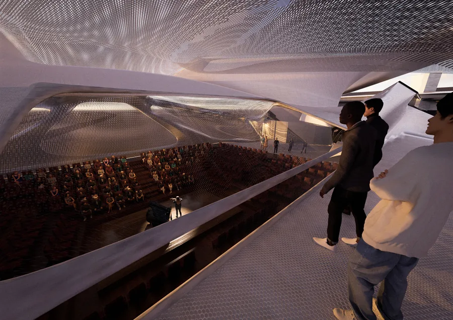 Viewing platform that provides visual access to the auditorium stage, allowing the public to asses whether they wish to enter the space or not, reminicing of…