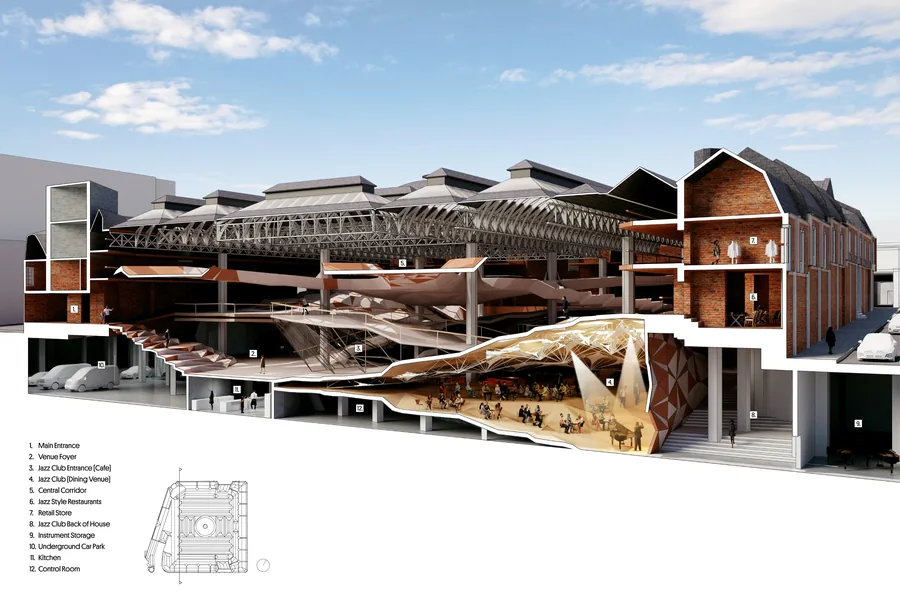 Perspective section showing the dining oriented jazz venue
