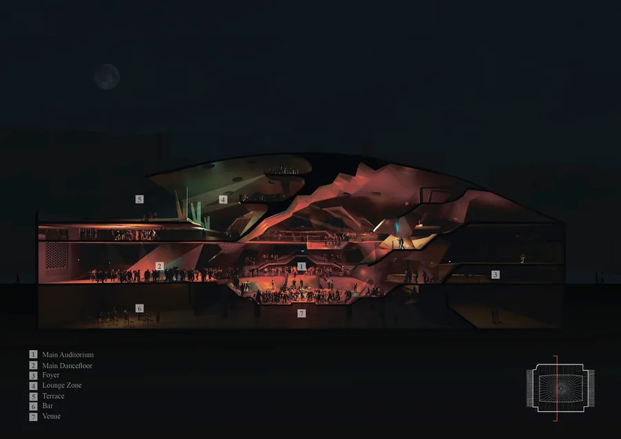 Night Time Section: Potential Stage Layout Scenario with Stage above The Crowd
