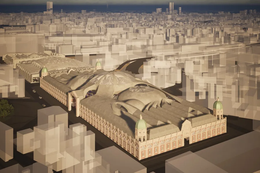 During the day, the form of the roof and the glass roofs invites daylight into the space