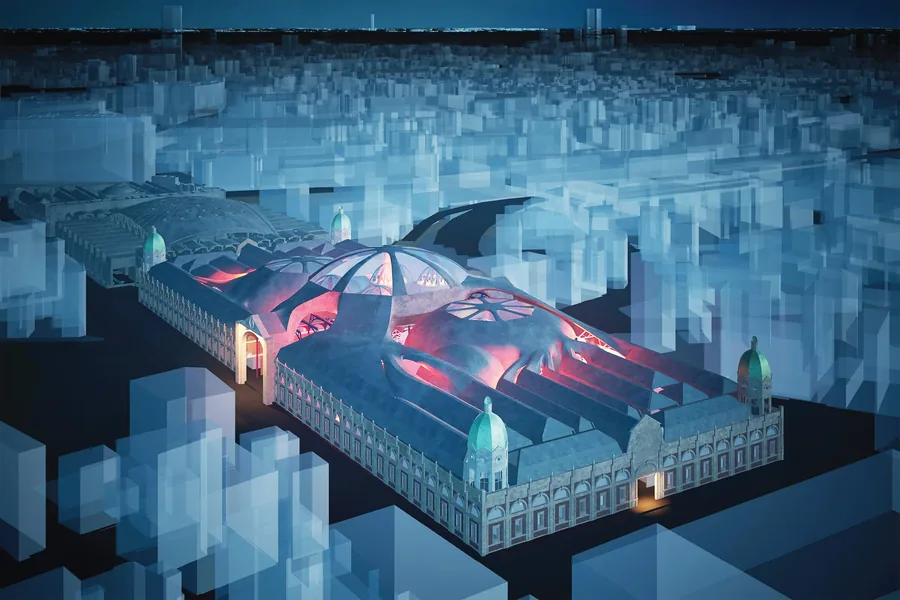 At night the daylight is switched out for neon red ligths peeking through the openings of the roof