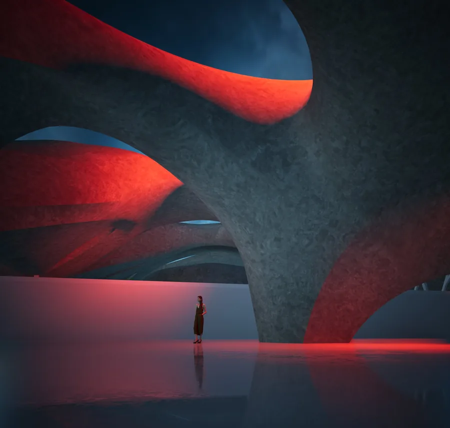 Exposed concrete surfaces accentuated by directional lighting