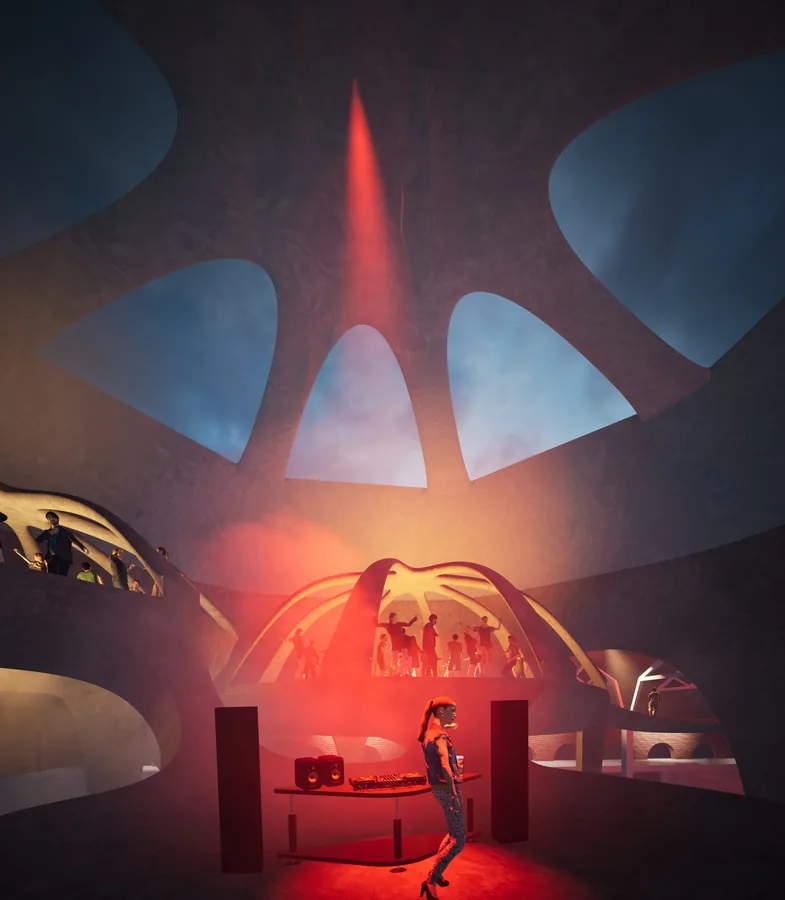 The main stage provides a darker, more secluded ambiance, with the smoke and ligths being the main visual elements of the space