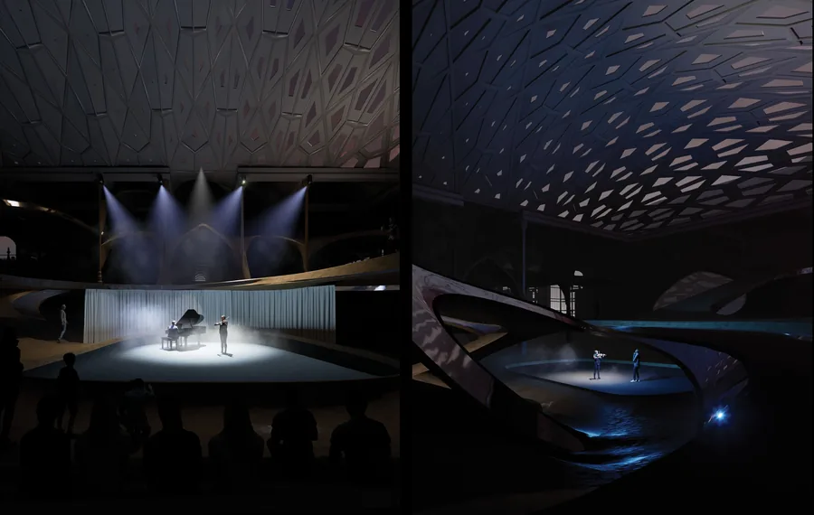 Public performance at night/rehearsal moment