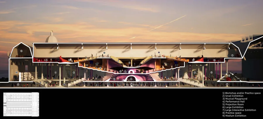 The space reads and performs like a musical piece, with a dynamic landscape that guides a shifting soundscape, varying from one area to the next.
