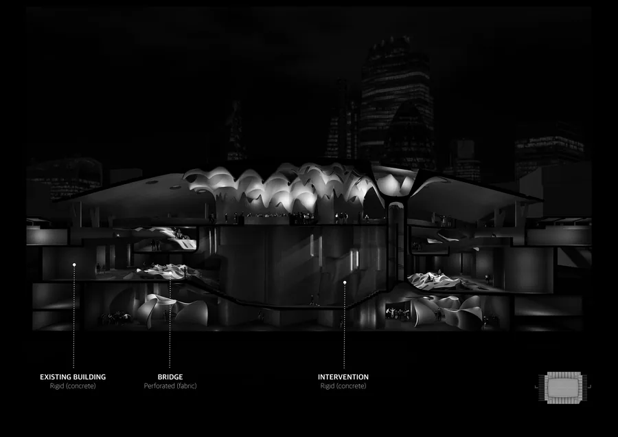 Section illustrating the transformation between rigid structures and the perforated, transformable bridge, while demonstrating the application of the HYBRID…